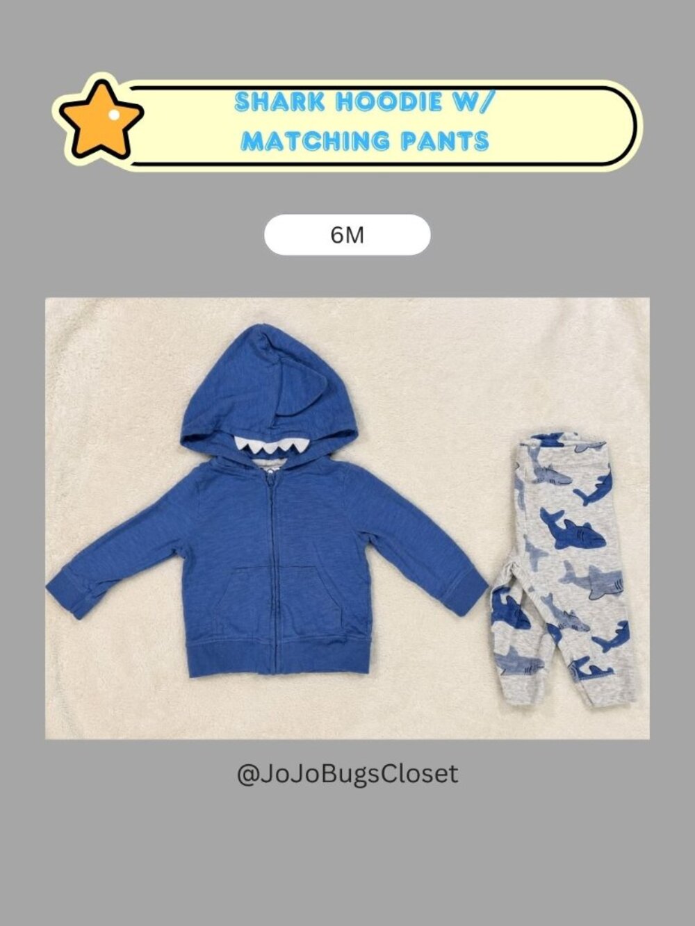 Shark Fin Hoodie & Shark Print Pants Set 6M Baby Boy Outfit